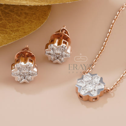 Snowflake necklace and earrings cross view showcasing cluster design and sparkle