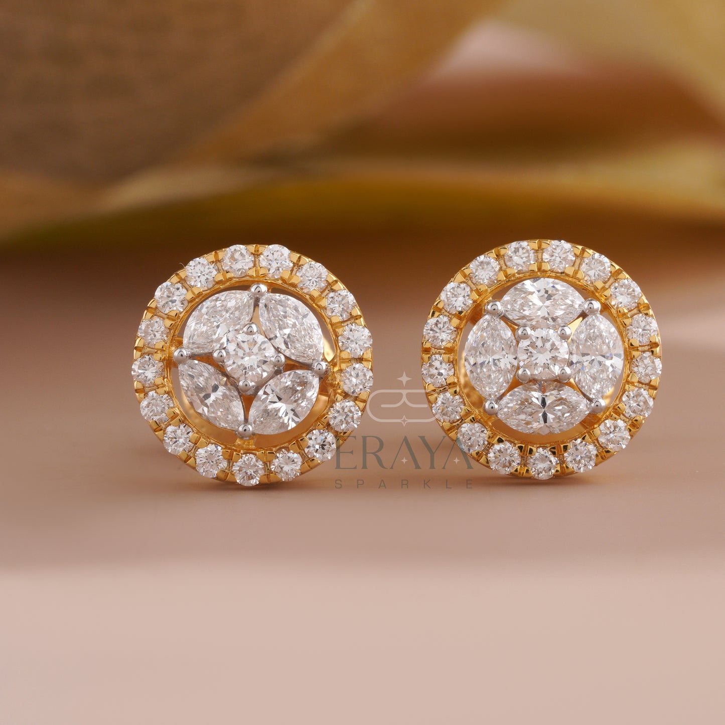 Floral-inspired marquise & round cluster halo stud earring — front view