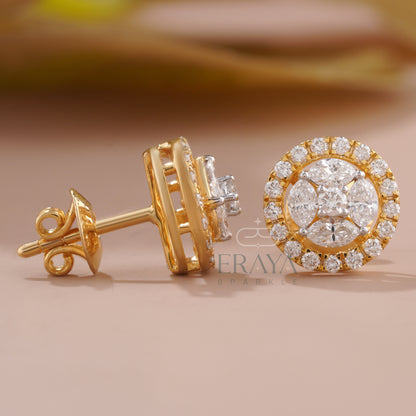 Marquise and round lab-grown diamond halo stud earring — cross and side view in yellow gold
