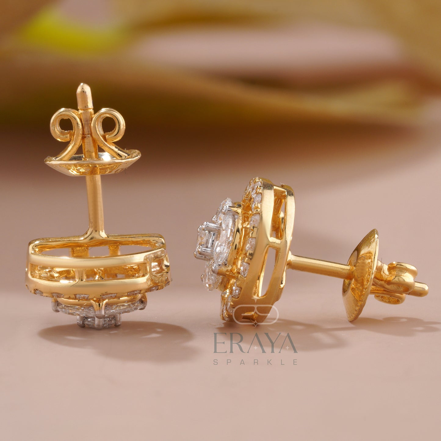 Side profile of lab-grown diamond halo stud earring showing marquise and round stones