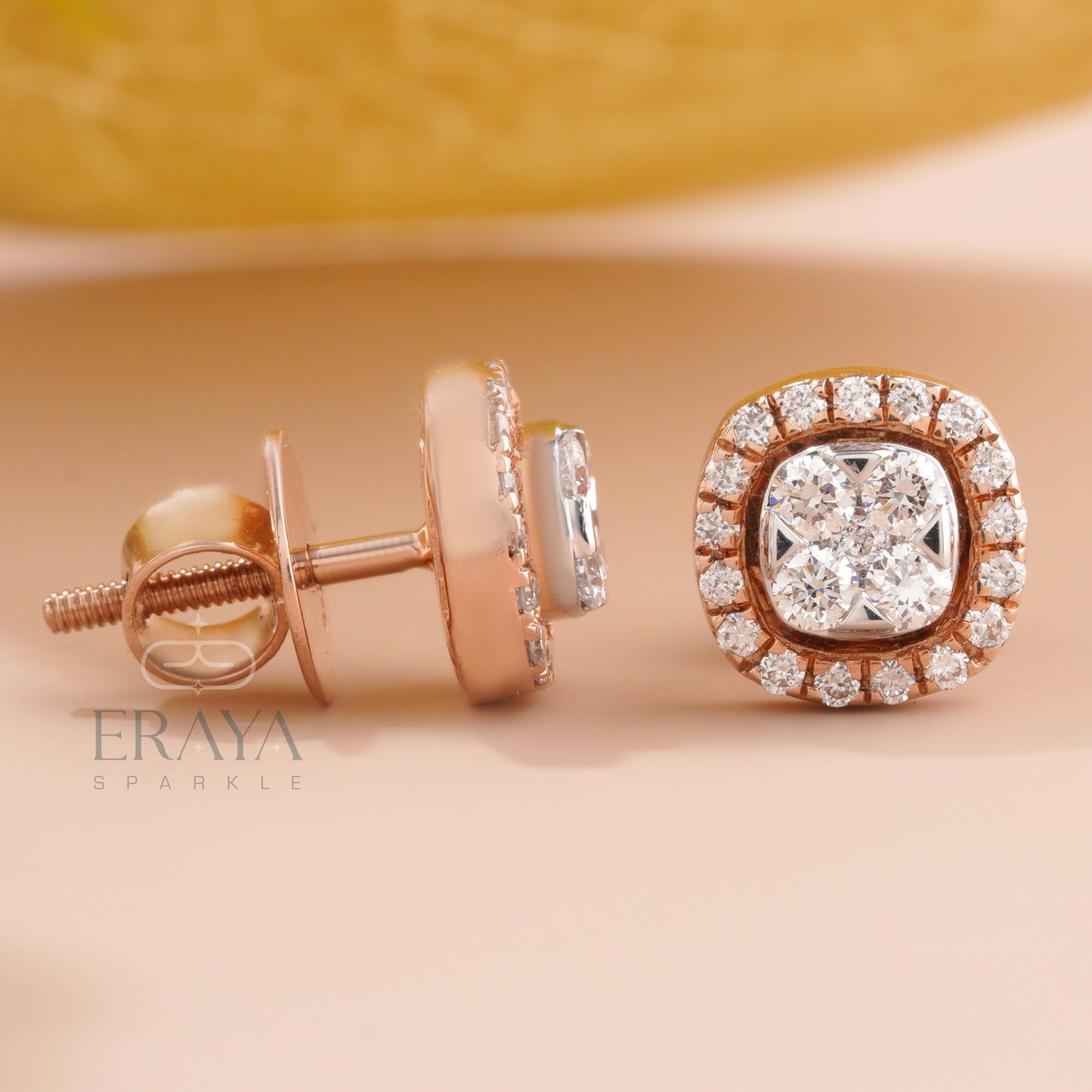 Side and cross-angle view of round diamond cluster stud earring