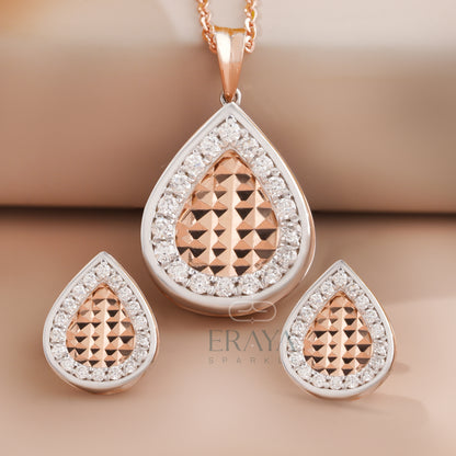 Teardrop diamond pendant and earrings set in rose gold – full front view