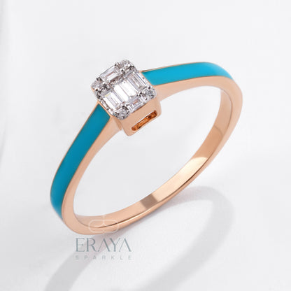 Close-up: baguette-cut lab-grown diamonds and turquoise inlay — Eraya ring.