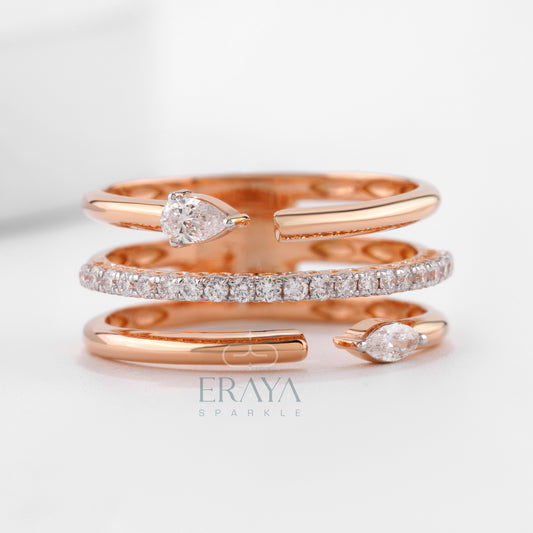 Rose gold open band ring with pear and marquise lab-grown diamonds — front view