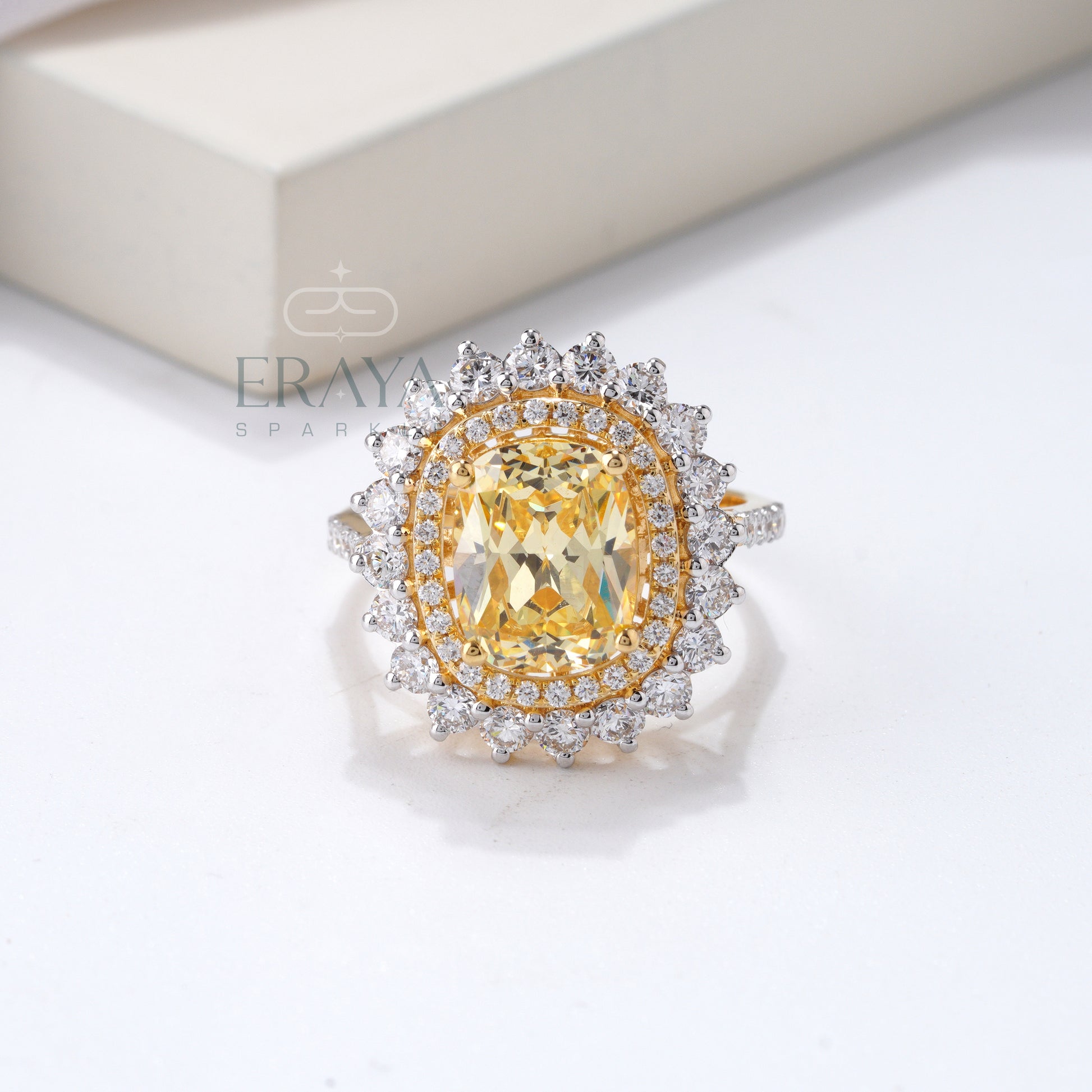 Yellow sapphire cushion cut ring with lab-grown diamond double halo