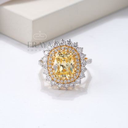 Yellow sapphire cushion cut ring with lab-grown diamond double halo