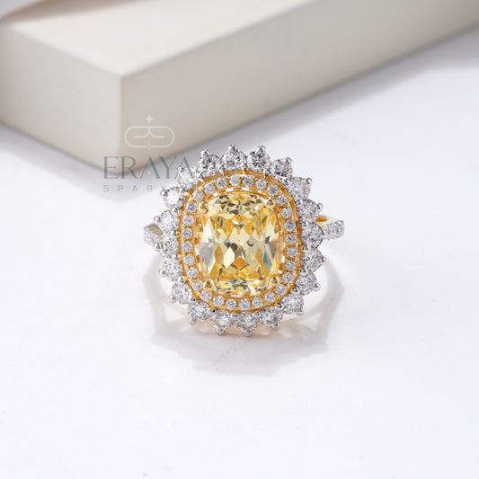 Yellow sapphire cushion cut ring with lab-grown diamond double halo