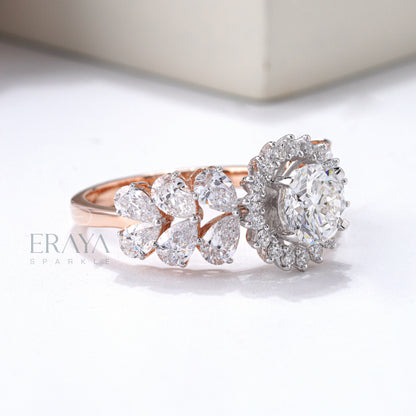 Rose gold diamond ring with pear side stones bridal jewelry