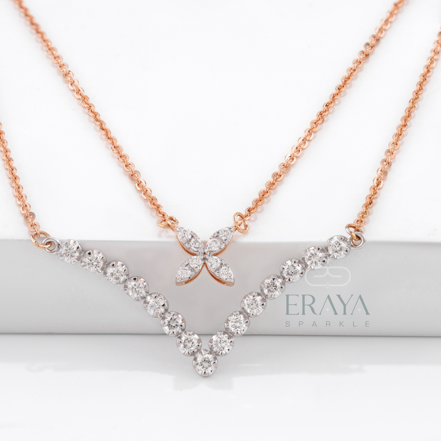 Rose gold double-layer necklace with floral pendant and V-bar – lab diamond necklace