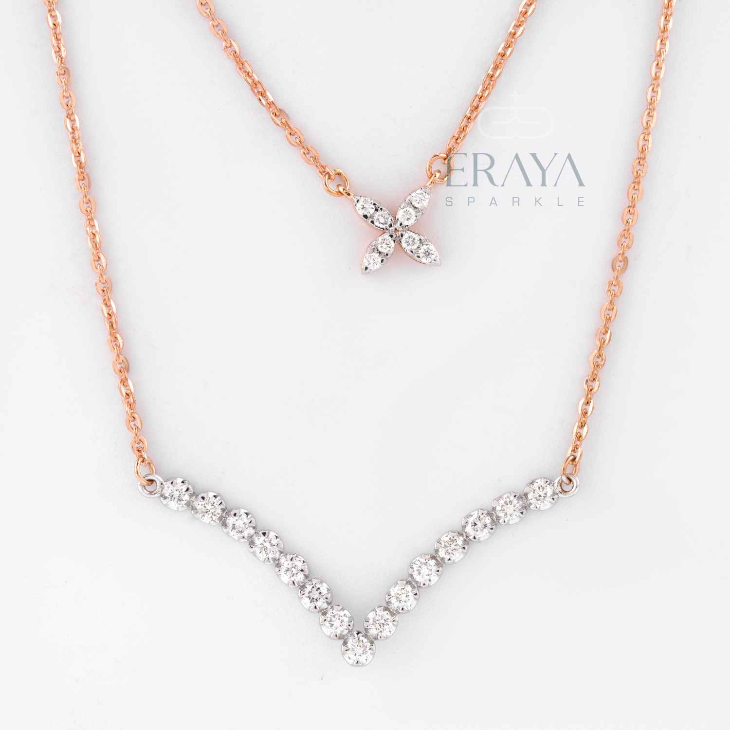 Close-up of floral pendant with round lab-grown diamonds – diamond necklace in rose gold