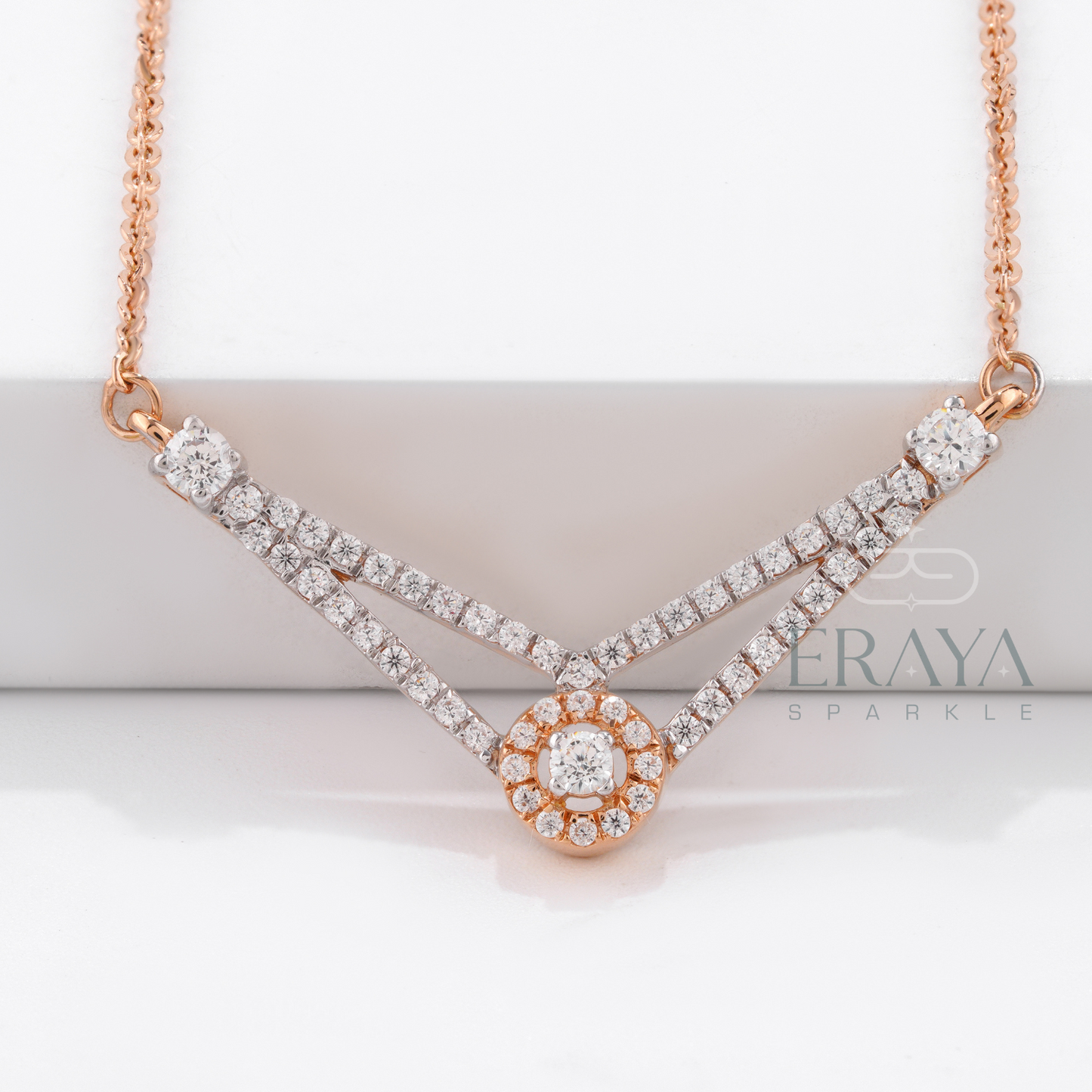 Handcrafted rose gold chevron necklace on 16-inch chain - lab created diamond necklace
