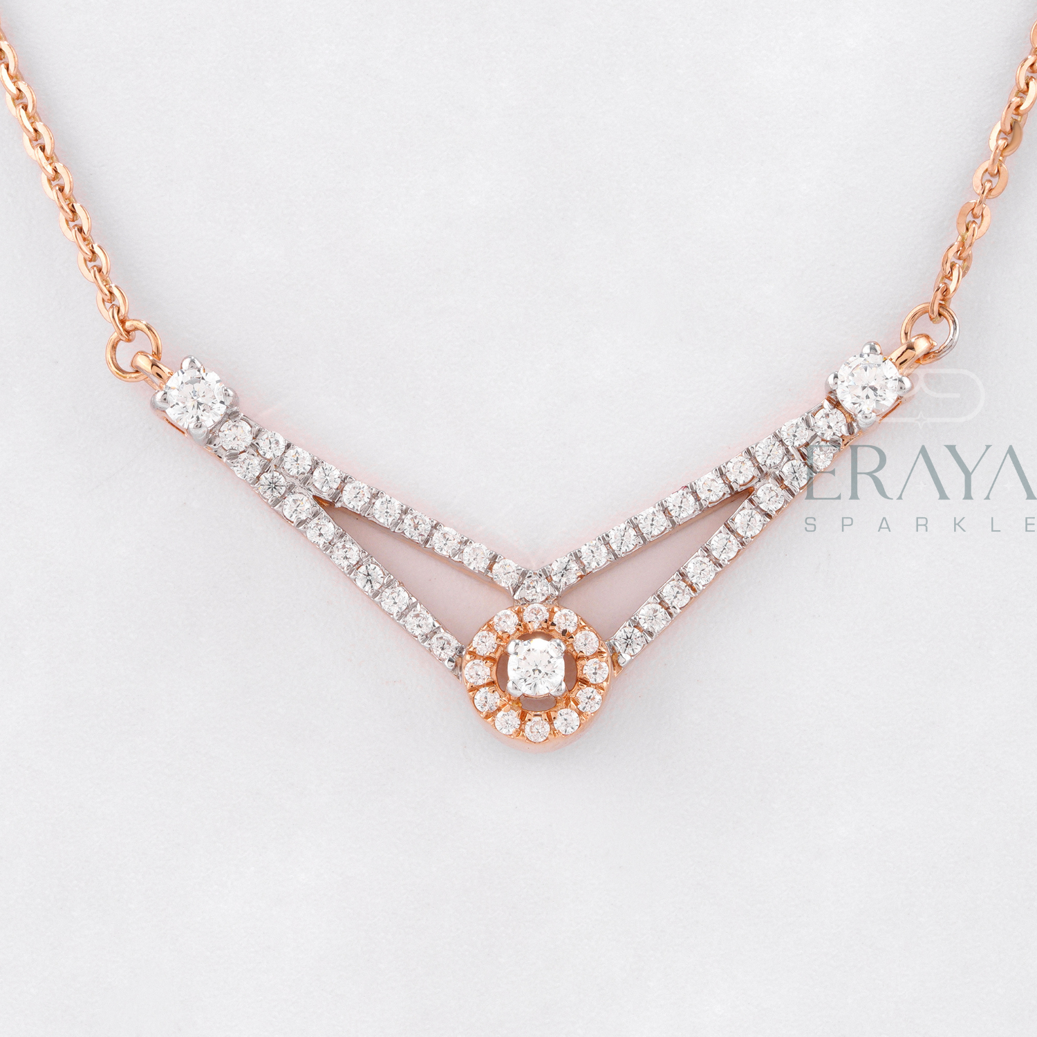 Rose gold chevron diamond necklace with double rows of lab-grown diamonds
