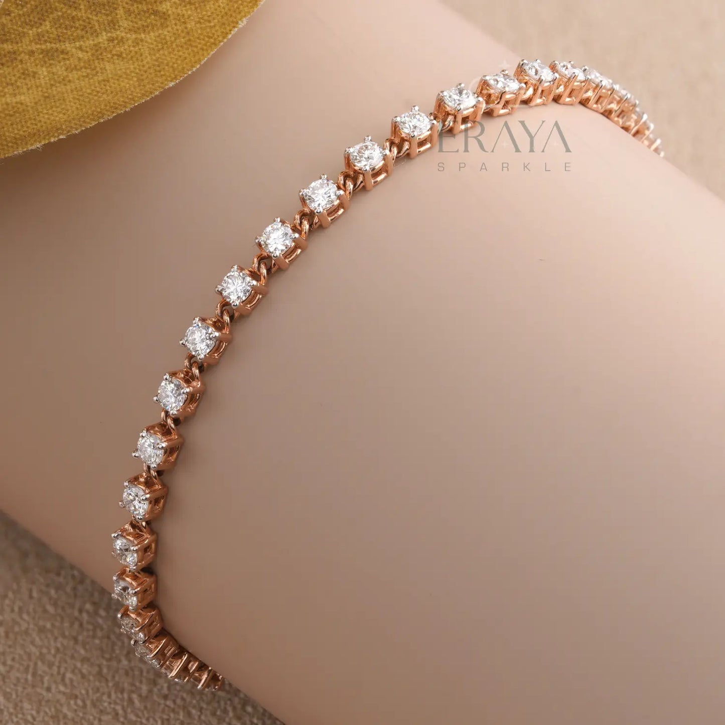 Eraya rose gold floral tennis bracelet close-up — cluster diamonds & high-polish finish