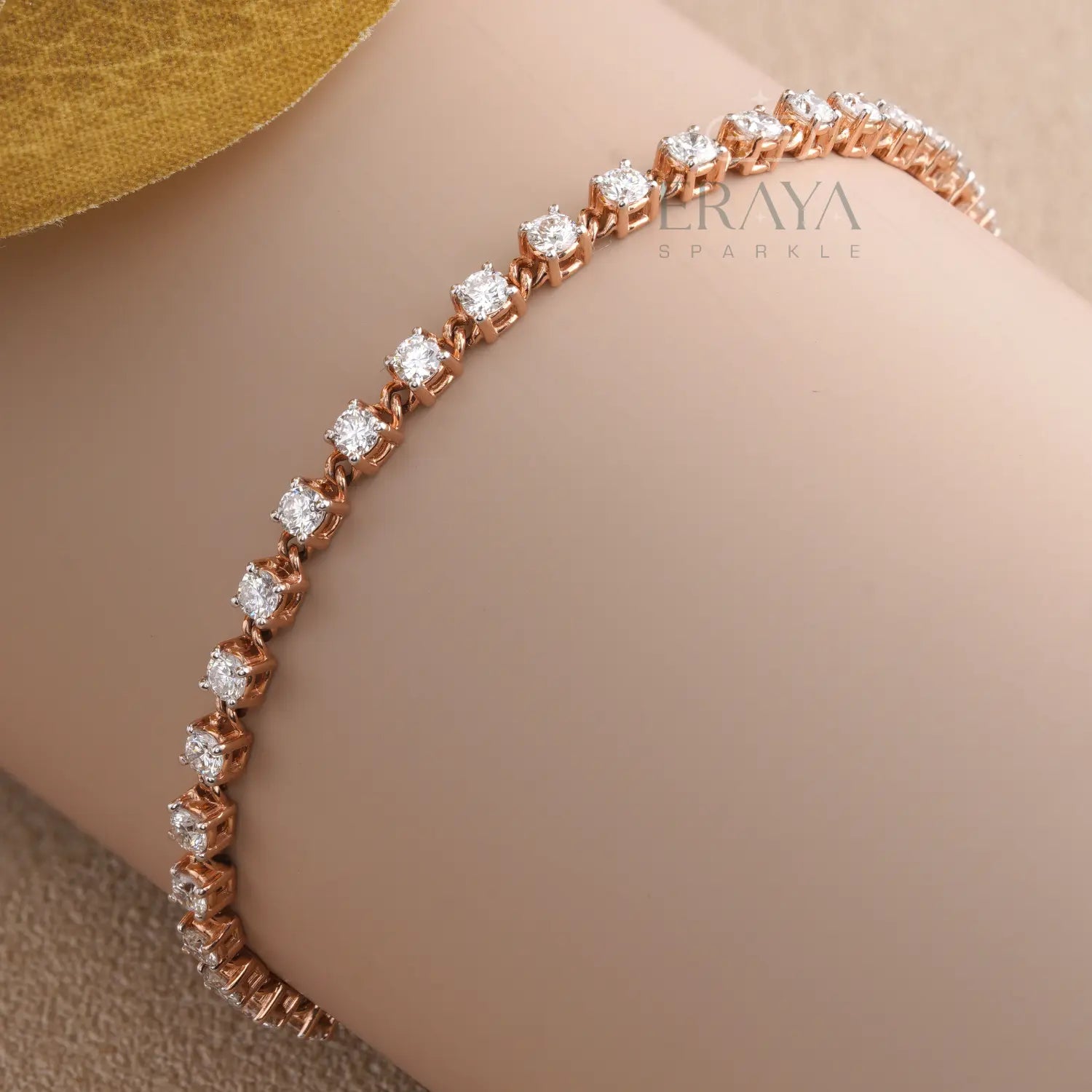 Eraya rose gold floral tennis bracelet close-up — cluster diamonds & high-polish finish