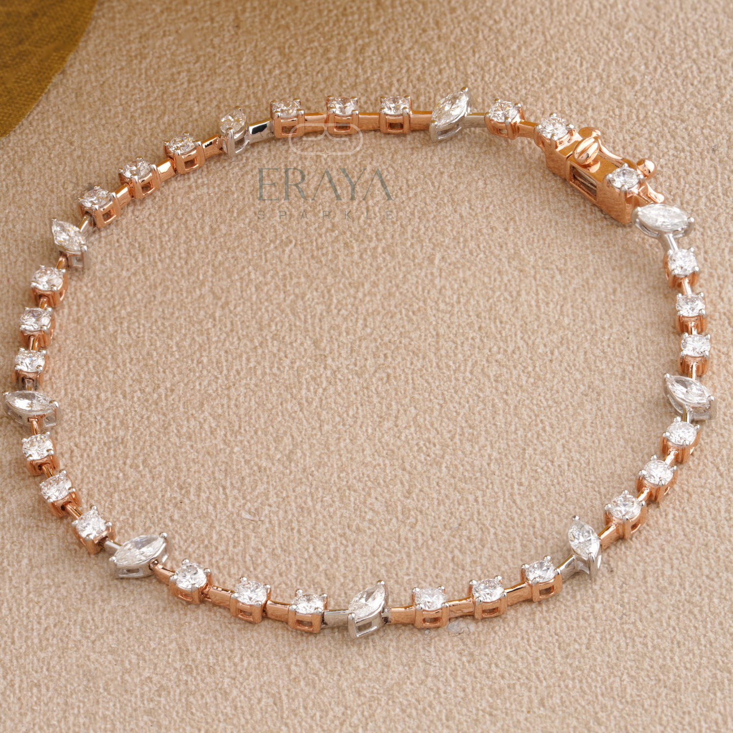 Close-up marquise and round lab grown diamond tennis bracelet