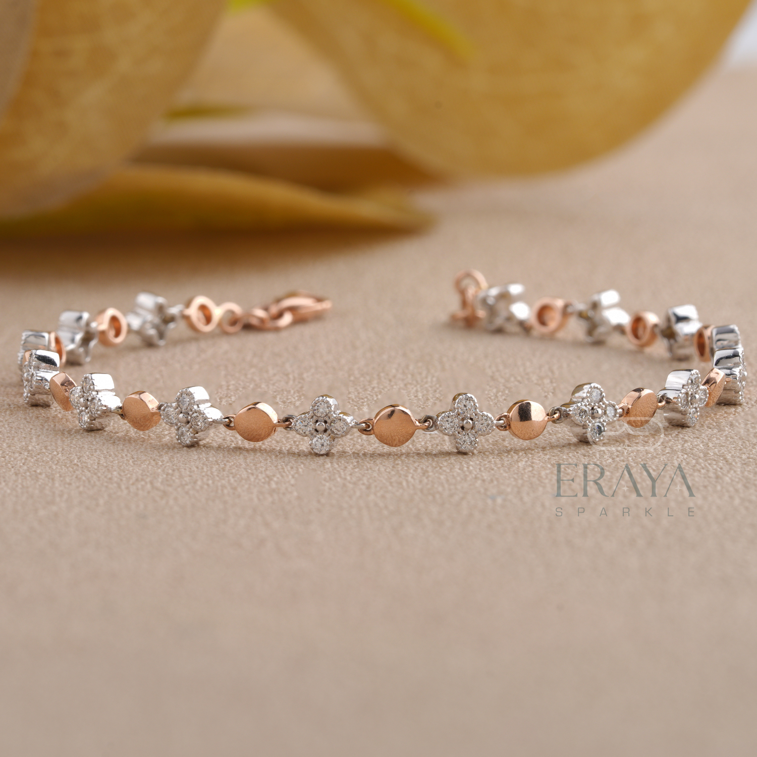 Close-up of floral motif tennis bracelet with round lab grown diamonds