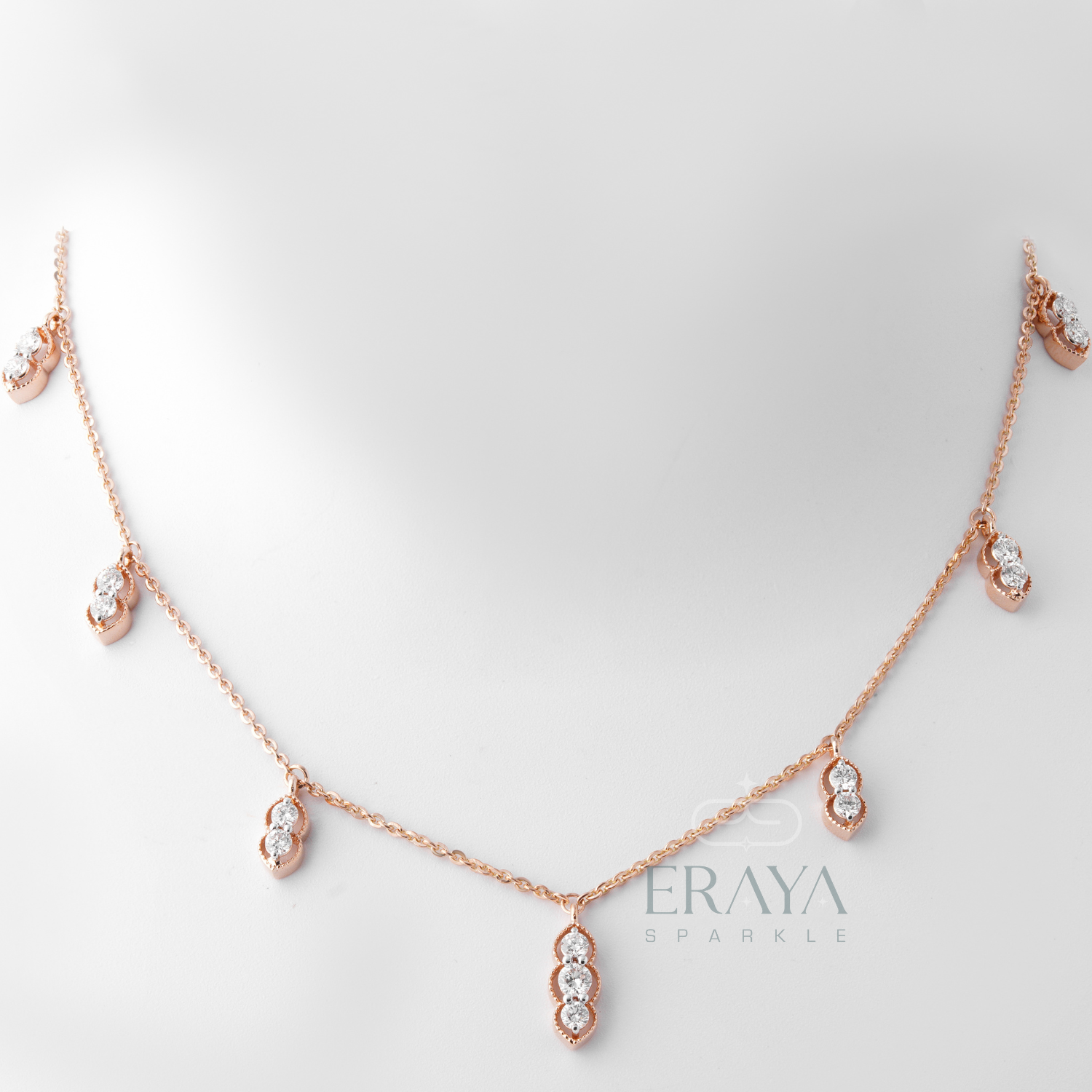 Bezel set artificial diamond jewellery in rose gold station necklace