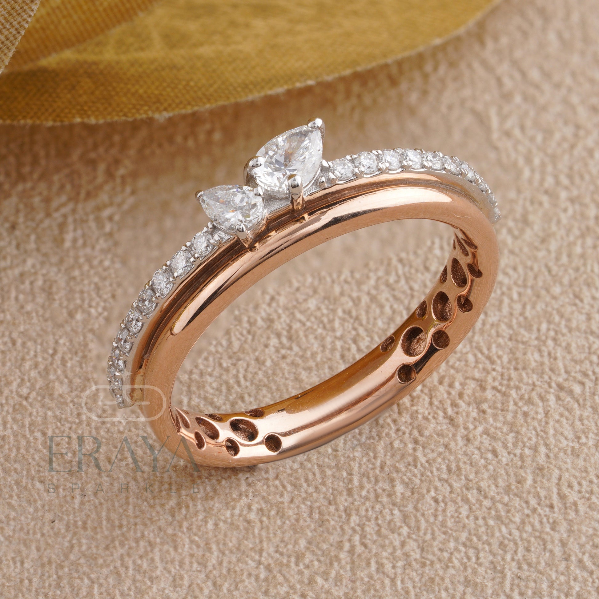 Dual pear-cut lab-grown diamond ring in rose gold — top view
