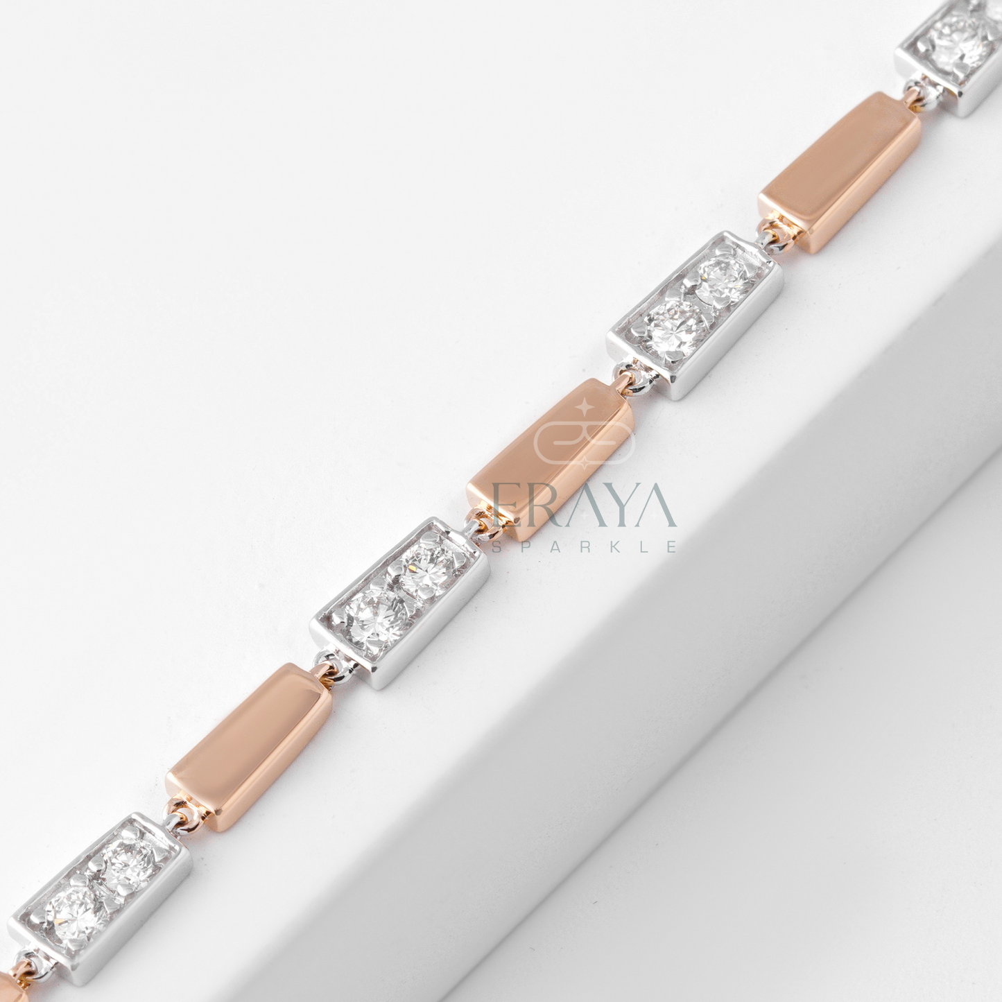 Geometric rectangle link diamond tennis bracelet in two-tone gold