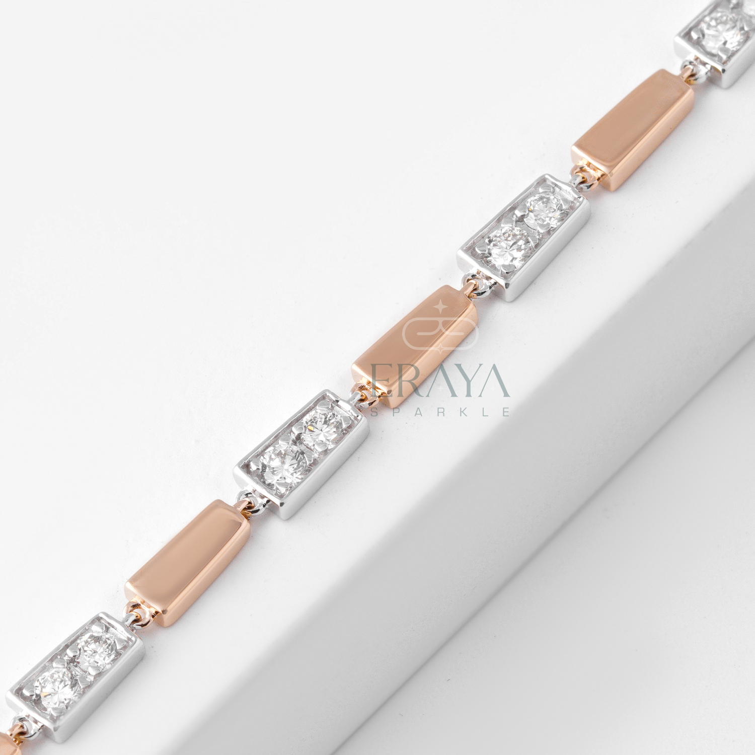 Geometric rectangle link diamond tennis bracelet in two-tone gold