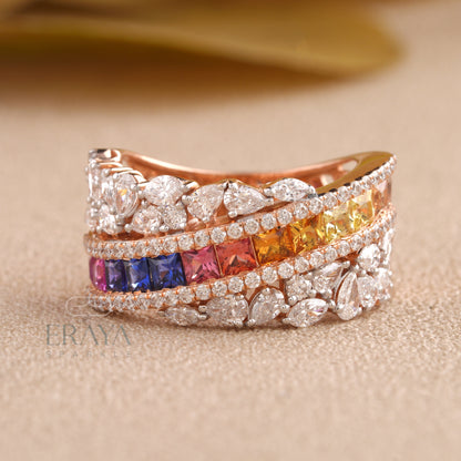 Close-up: princess-cut color stones and channel setting with lab-grown diamond accents