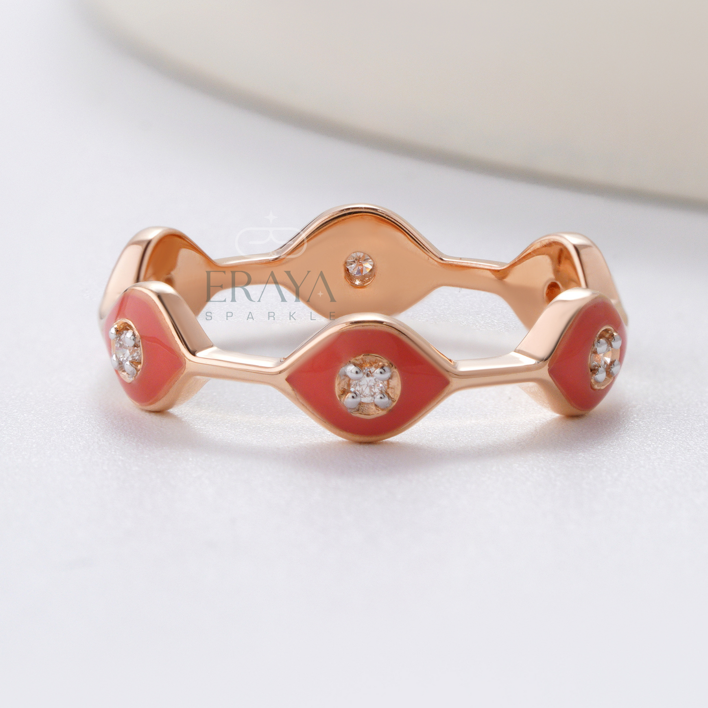 Handmade pink enamel geometric ring featuring VVS lab-grown diamonds