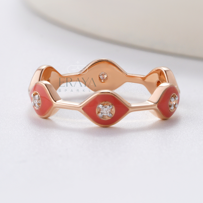 Handmade pink enamel geometric ring featuring VVS lab-grown diamonds