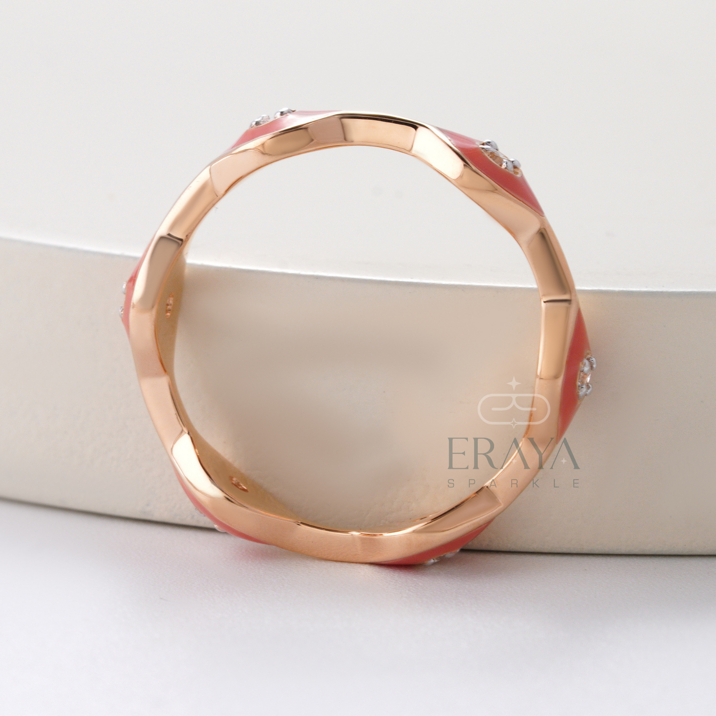 Modern rose gold diamond band ring for women with pink enamel accents
