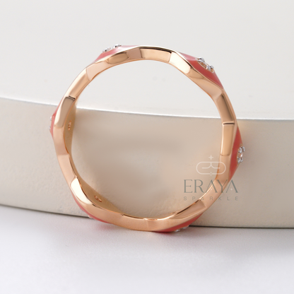 Modern rose gold diamond band ring for women with pink enamel accents
