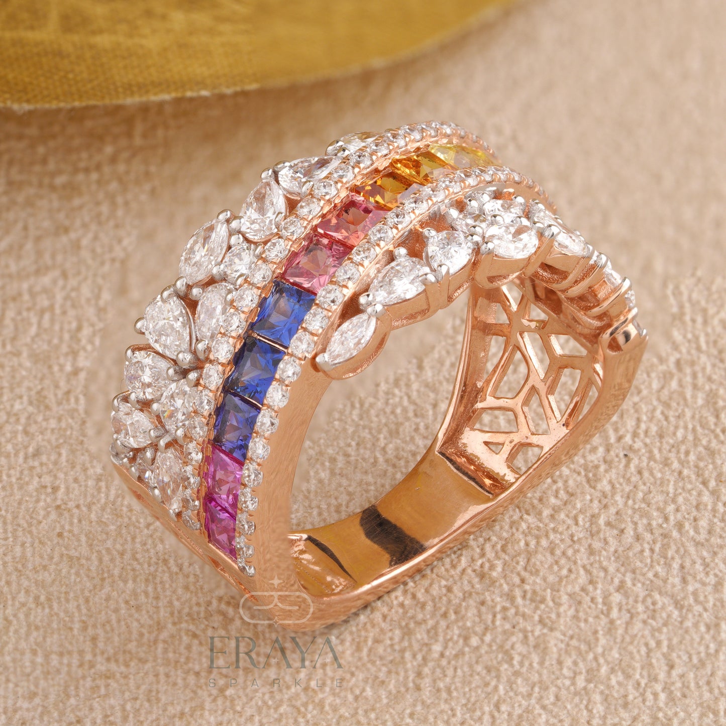Rainbow princess-cut color stone ring — full rainbow gradient channel set, top view
