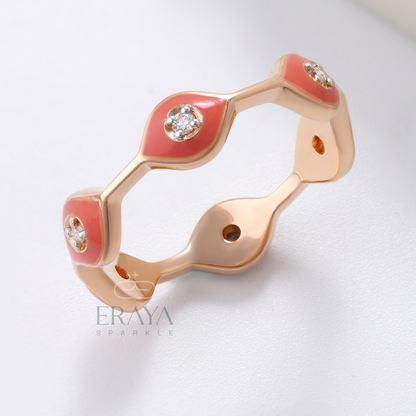 Pink enamel diamond band ring in rose gold with round lab-grown diamonds