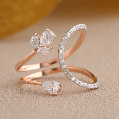 Macro detail showing marquise, pear, and round diamonds arranged in floral motif