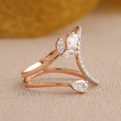 Angled close-up of floral lab-grown diamond pattern on rose gold band