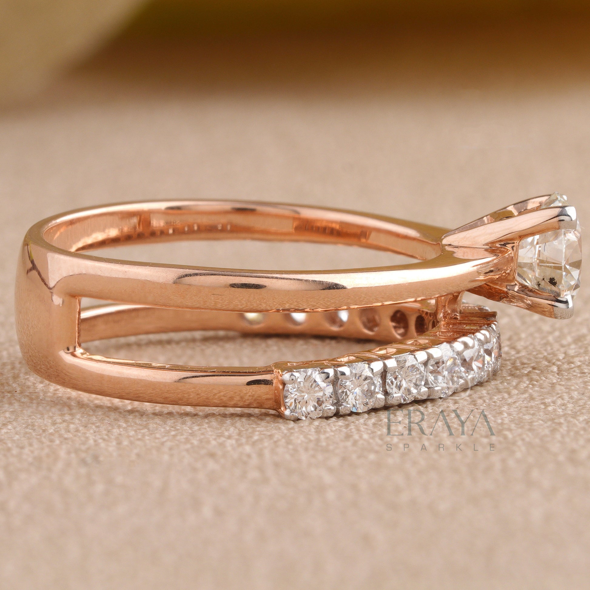 Side view of ERAYA solitaire ring showing profile, setting height, and side diamond placement
