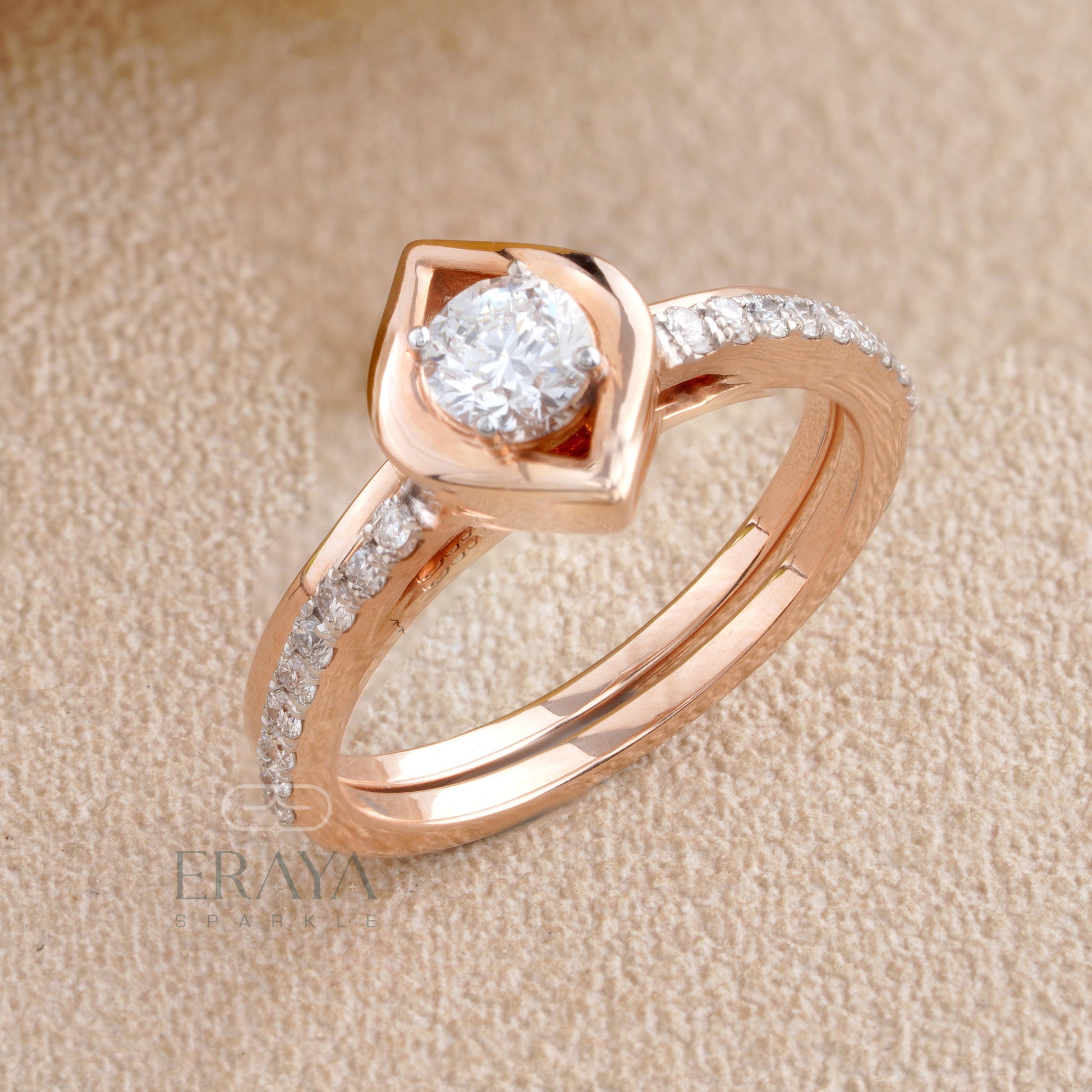 Top view of stackable rose gold diamond ring set showing solitaire center and accent diamonds
