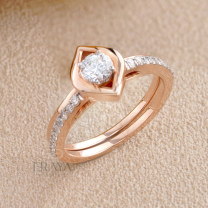 Top view of stackable rose gold diamond ring set showing solitaire center and accent diamonds