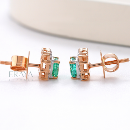 Side profile of cushion-cut green stone stud showing halo height and setting