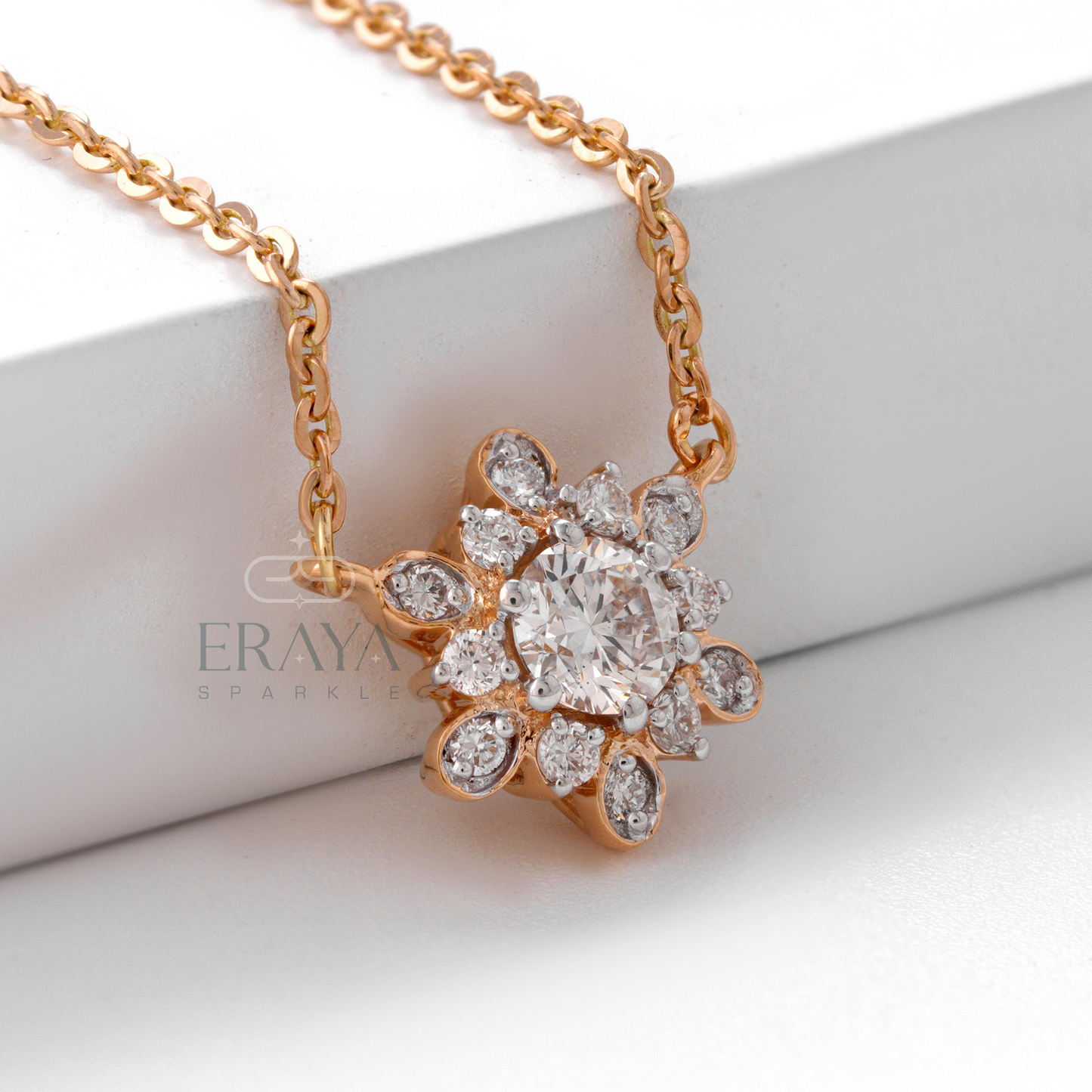 Sunflower diamond solitaire necklace in rose gold with lab-grown center diamond