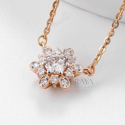 Close-up of floral diamond pendant featuring round and marquise-style stones – IGI GIA certified