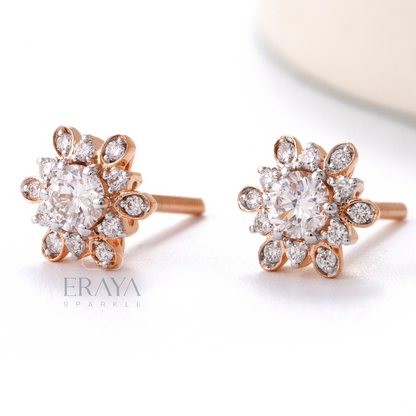 Sunburst diamond stud earrings — cross side view showing floral halo and rose gold design