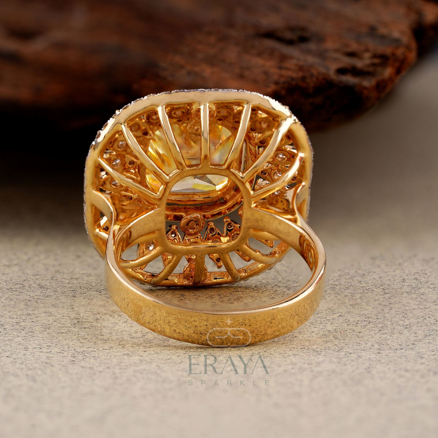 Back/underside view showing setting and craftsmanship of the yellow gold ring