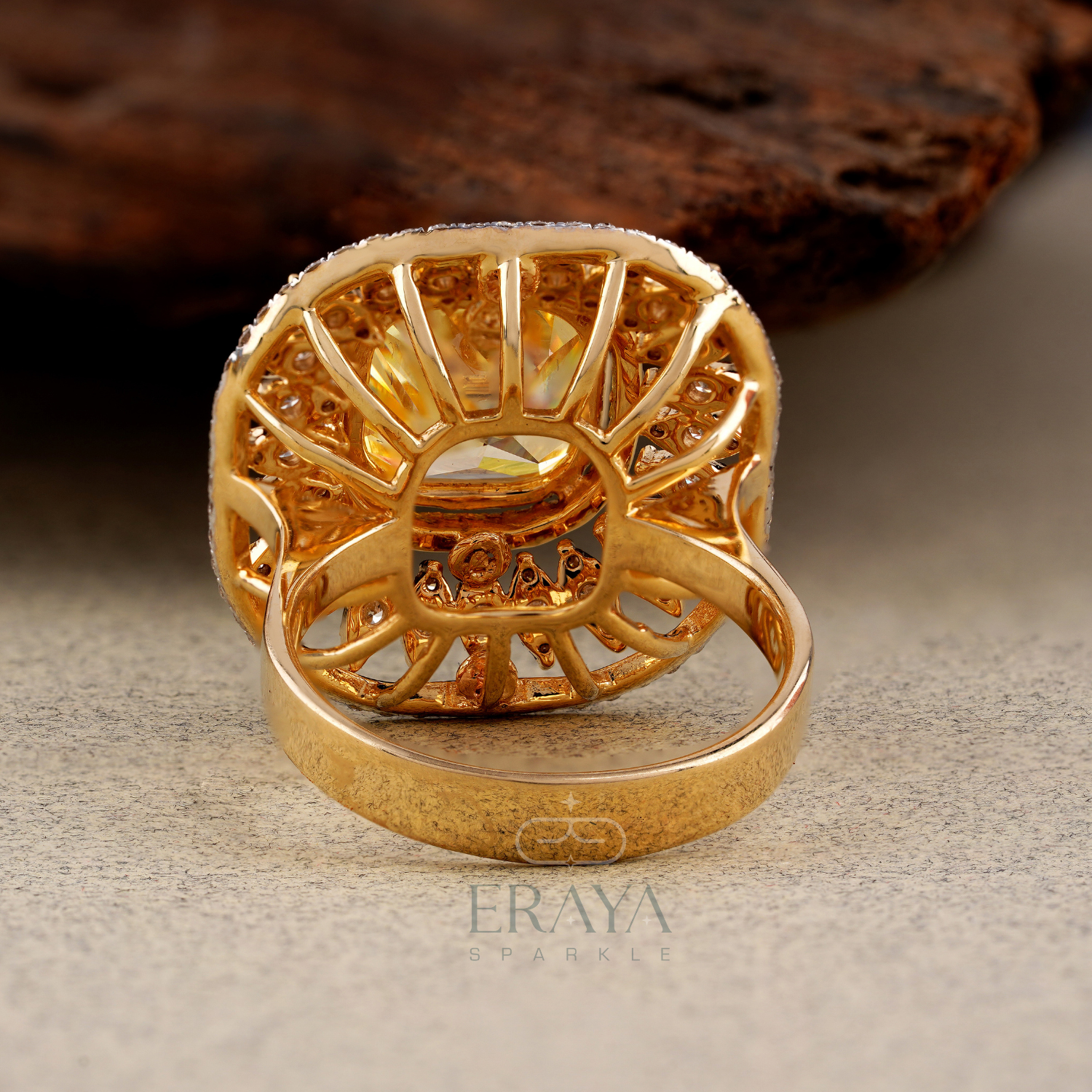Back/underside view showing setting and craftsmanship of the yellow gold ring