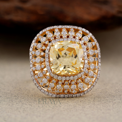 Front view highlighting cushion cut center stone and sparkling diamond halo
