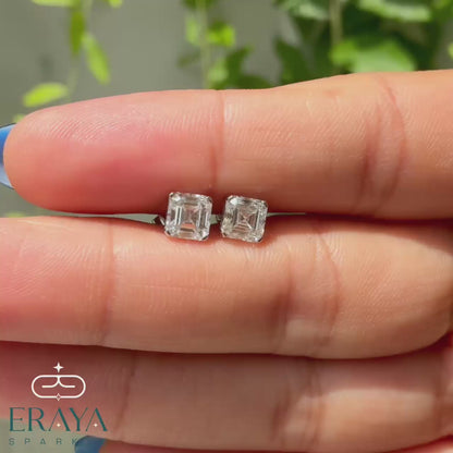 asscher-diamond-studs-model-wearing-360-view