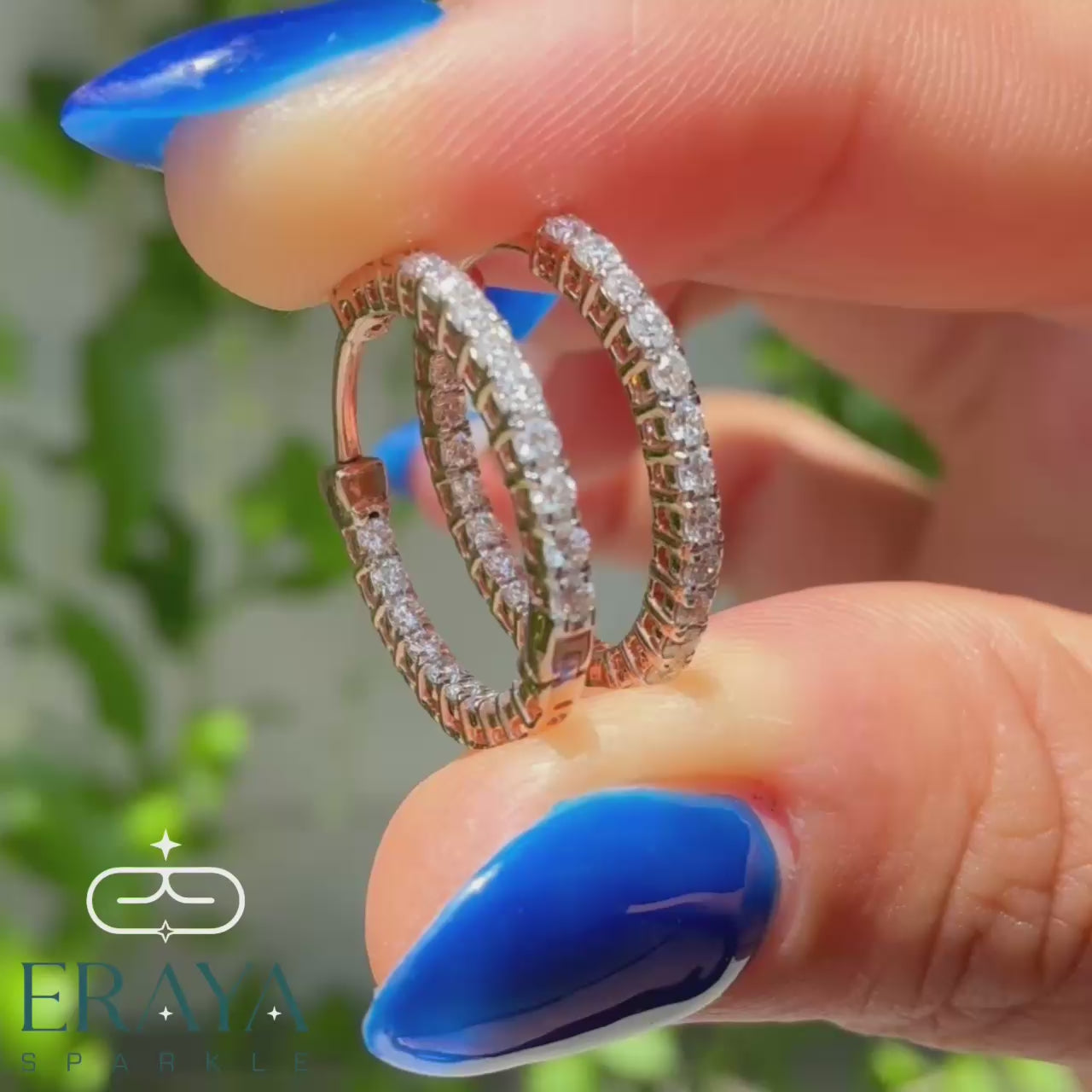 rose-gold-diamond-huggie-hoops-model-wearing-360-view