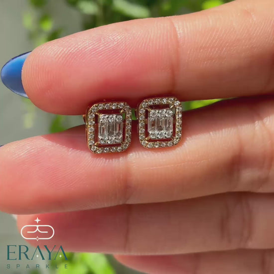 Lab-grown diamond stud earrings shown in hand — sparkle and craftsmanship detail