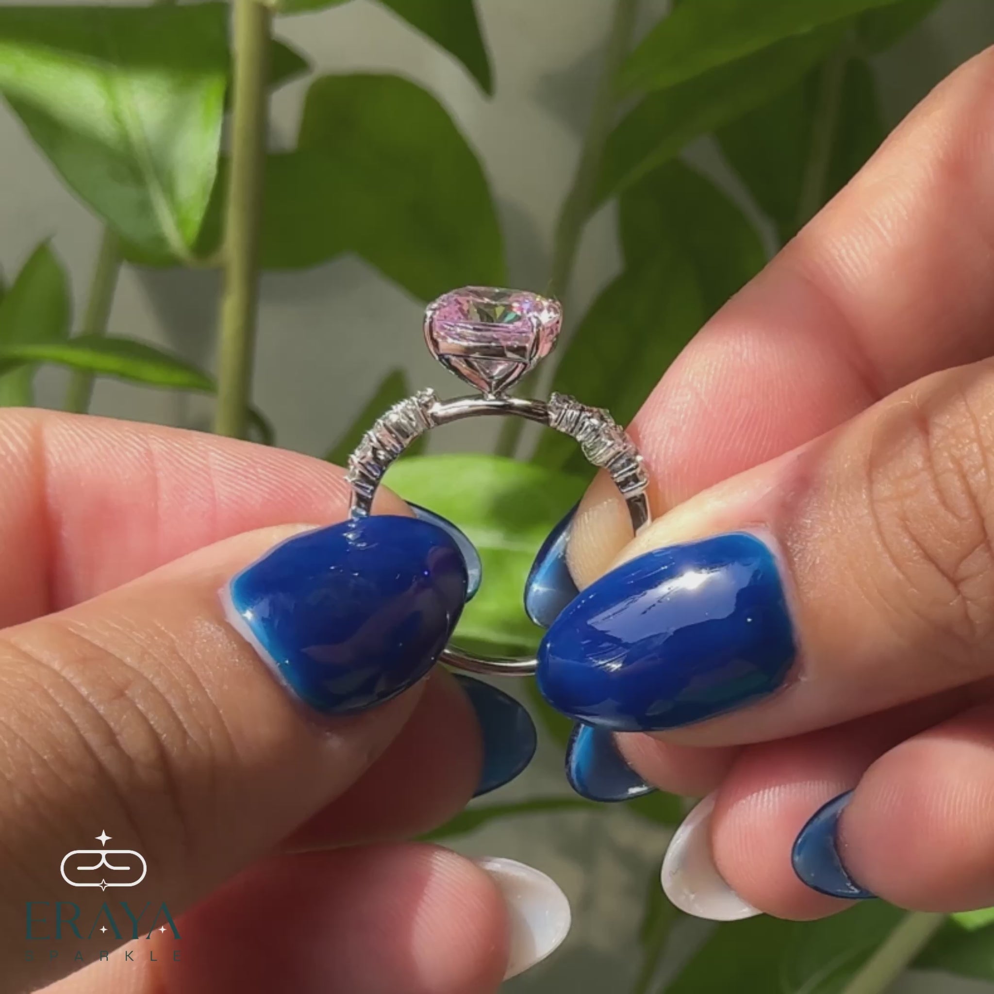 Handcrafted 14K white gold ring with pink cushion and side diamonds