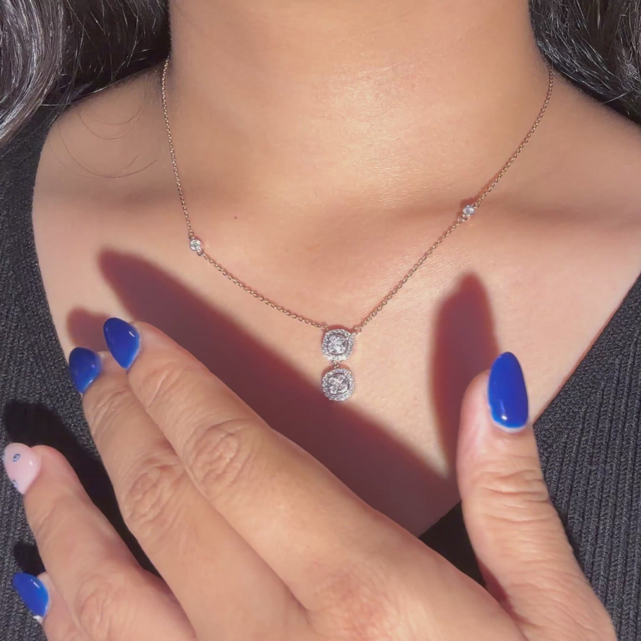 Model wearing round diamond cluster pendant on neck – rose gold jewelry